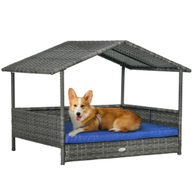 PawHut Wicker Dog House Outdoor With Canopy, Rattan Dog Bed With Water-resistant Cushion, For Small And Medium Dogs, Dark Blue (Color: Blue)