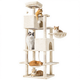 66 Inch Cat Tree Tower, Large Multi-Cat Climbing Extended Platform, Hammock, Pet House For Indoor Cats And Kittens Play (Color: Beige)