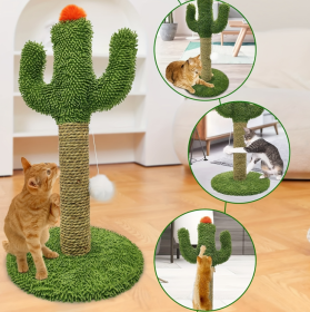 Cactus Cat Climbing Tree 2-in-1 - Solid Wood Base Natural Sisal Scratching Pillar With Hanging Ball Toy, Indoor Cat Multi-level Activity Center (Color: Green)