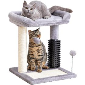 Small 4-in-1 Cat Tree Tower With Self-grooming Brush And Natural Sisal Scratching Post, Soft Plush Cat Bed And Hanging Ball, Suitable For Indoor (Color: Grey)