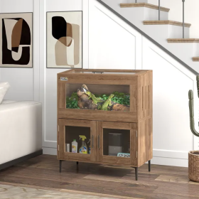 30 Gallon Stackable Reptile Tank W Storage Cabinet, Top Opening, For Bearded Dragon, Lizard, Snake, Hamster (Color: Brown)