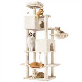 66 Inch Cat Tree Tower, Large Multi-Cat Climbing Extended Platform, Hammock, Pet House For Indoor Cats And Kittens Play (Color: Beige)